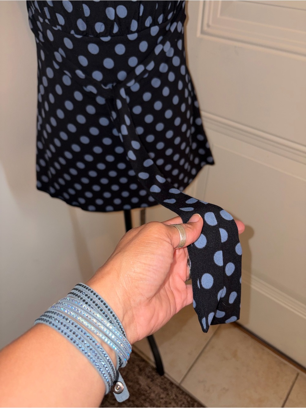 INC International Concepts Black Top with Light Blue Polka Dots and Square Neck - Picture 3 of 12